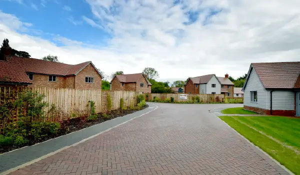 Lanscape view of several new build properties on a development in Stonham Aspal, Suffolk.