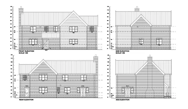 Elevation plan of new residential site in Stonham Aspal, Suffolk with drawings of aluminium windows and doors.